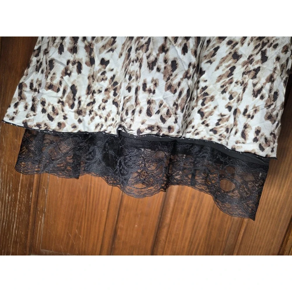 90s Y2K Brown Leopard Midi Skirt W‎ Black Lace Hem Pull On Silky M-XL
